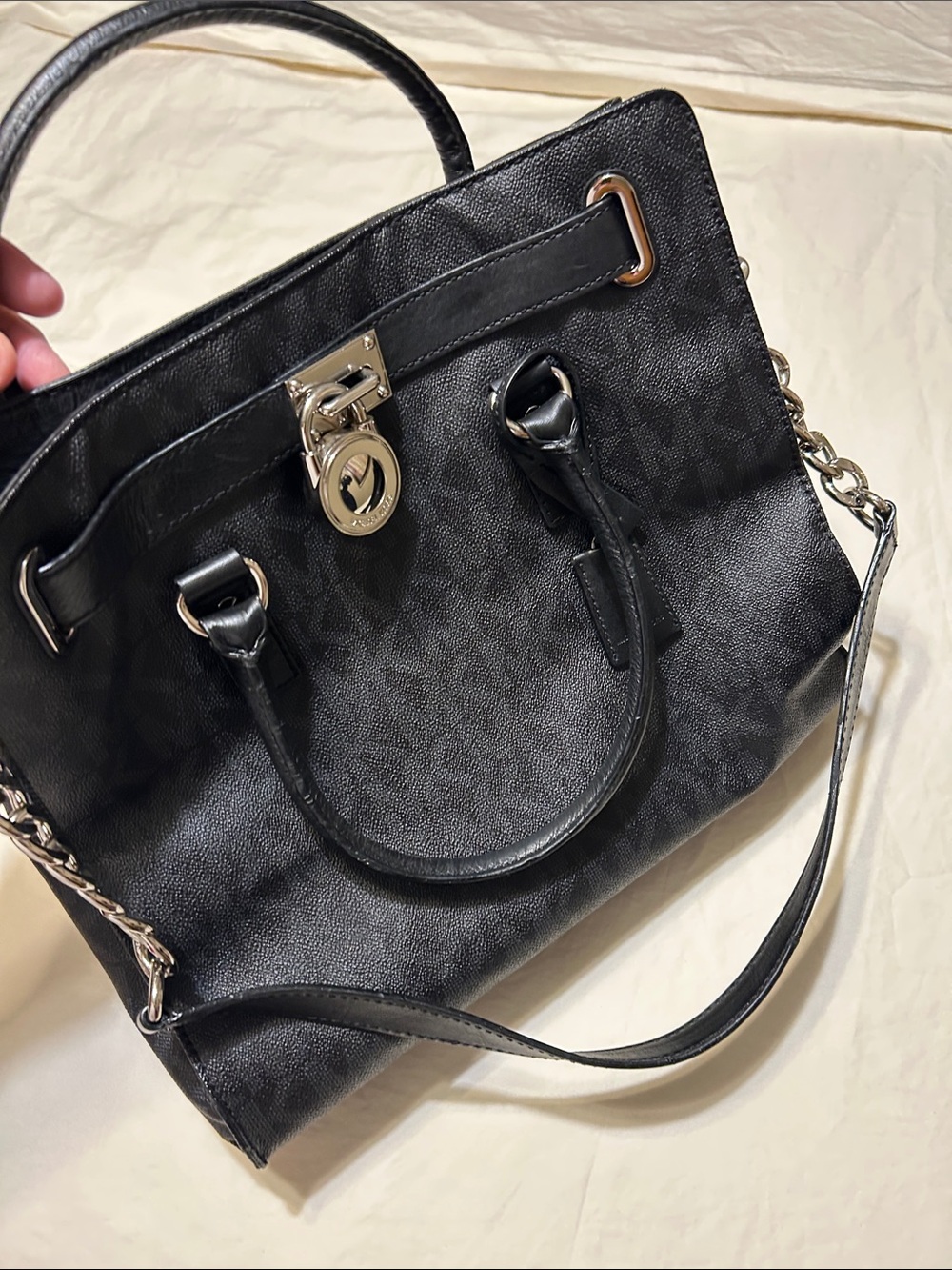 Michael Kors Black Logo-Print Satchel with Chain Strap Lock & Key
